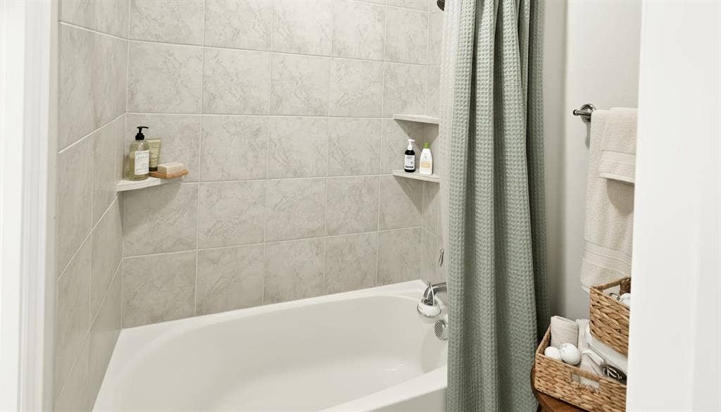 Bathtub with ceramic tile surround, integrated shelving, and stainless steel hardware