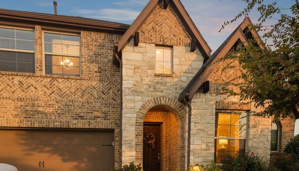 Exterior facade featuring a combination of natural stone veneer and herringbone brick detailing, an arched entryway, and multi-light windows