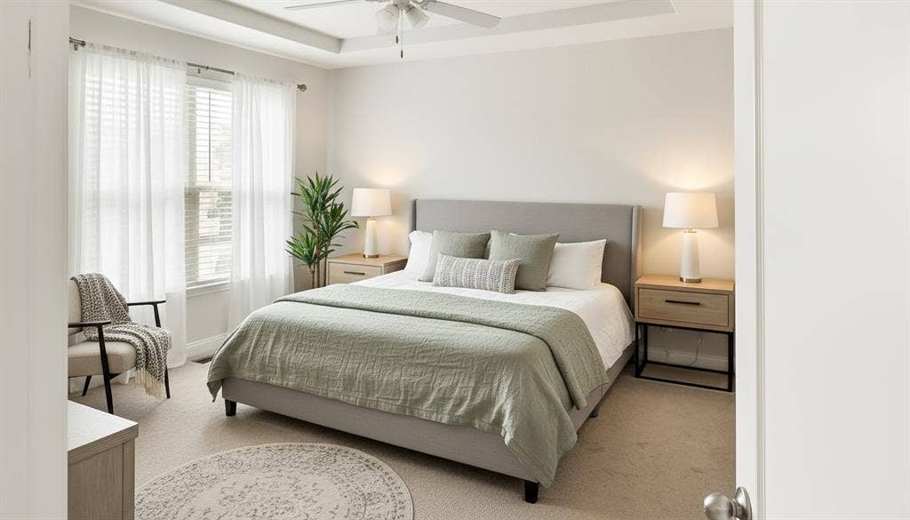 Virtually Staged-Bedroom featuring a -tray ceiling, ceiling fan with light fixture, neutral carpeted flooring, and oversized windows with blinds