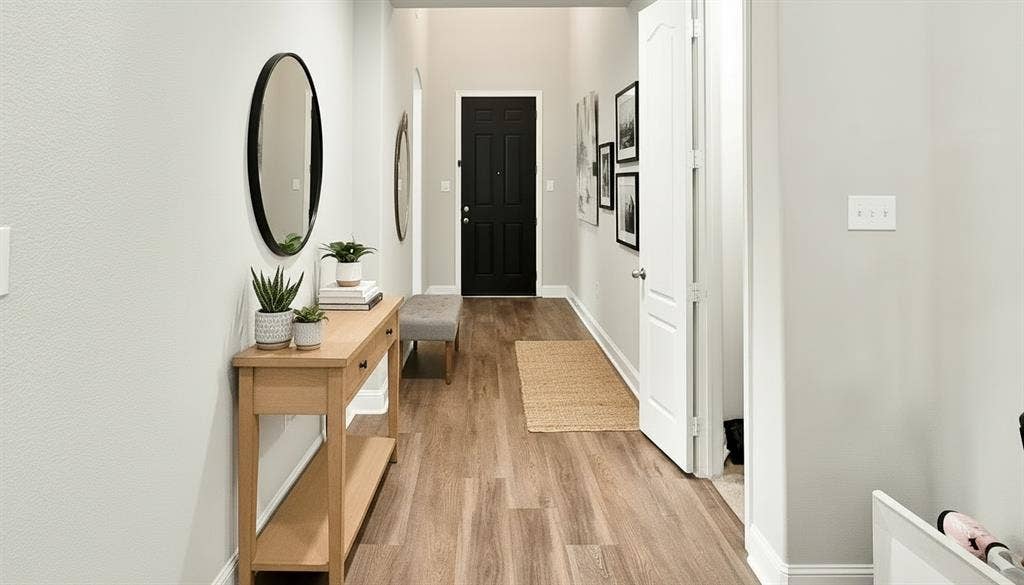 Virtually Staged -Entryway featuring wood-finish flooring, high ceilings, and a high-contrast black entry door with polished hardware