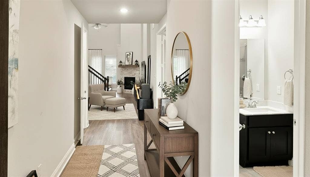 Virtually Staged-Hallway featuring wood-finish flooring, a bathroom with dark cabinetry and a stone-surface vanity, and a living area with a vaulted ceiling and stone-facade fireplace
