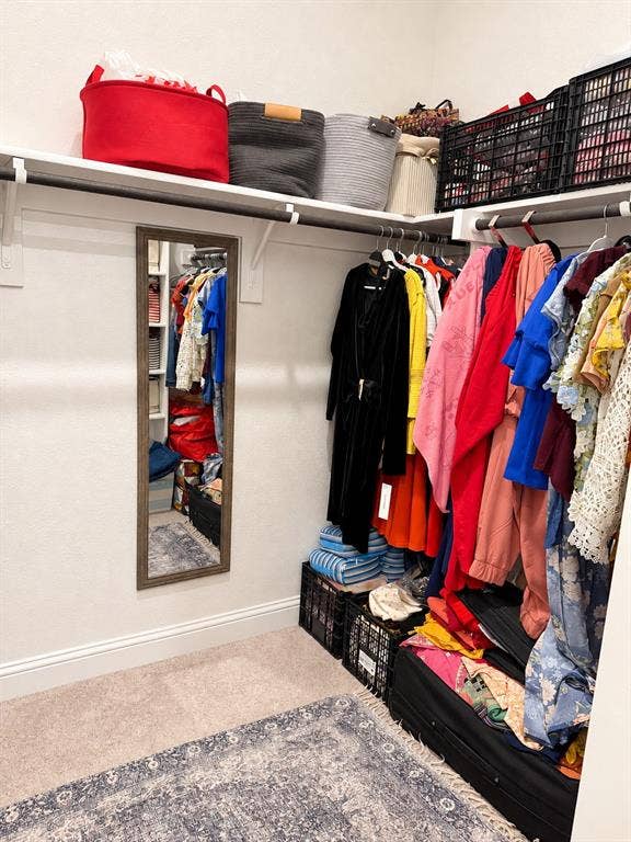 10755 Wells Branch Road, Frisco, TX 75035 Built-in closet shelving and hanging rods with a full-length mirror and carpeted flooring