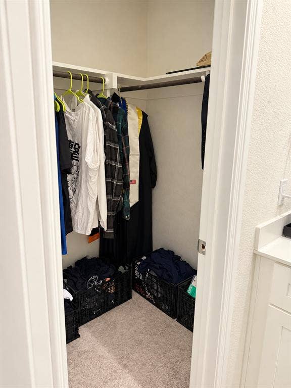 10755 Wells Branch Road, Frisco, TX 75035 Carpeted closet with built-in shelving and hanging rods