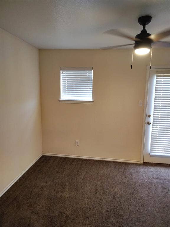 Neutral-toned walls complement the dark brown carpeting