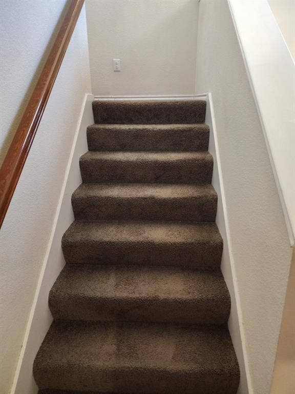 Staircase with brown carpeting, white risers, and a polished wood handrail