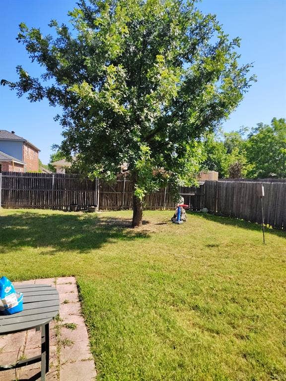 Expansive rear yard featuring a mature tree, natural grass, and a wood privacy fence