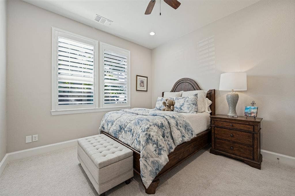 6168 Sweeney Trail, Frisco, TX 75034 White plantation shutters, recessed ceiling lighting, a ceiling fan, and carpeted flooring