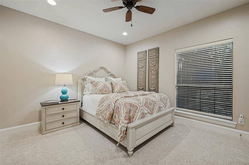 6168 Sweeney Trail, Frisco, TX 75034 Recessed ceiling lighting, ceiling fan, window with blinds, and light-toned carpeting