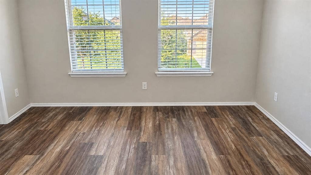 Wood-finish flooring with white trim