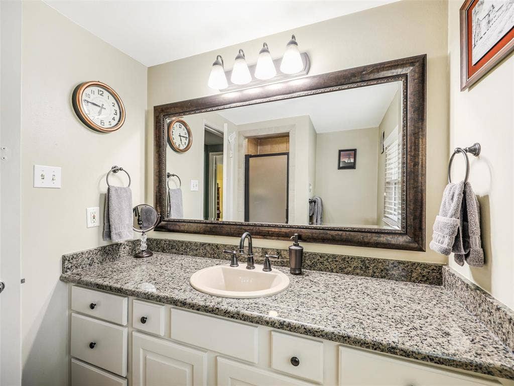 Bathroom with granite countertops in the primary bath and a walk-in shower!