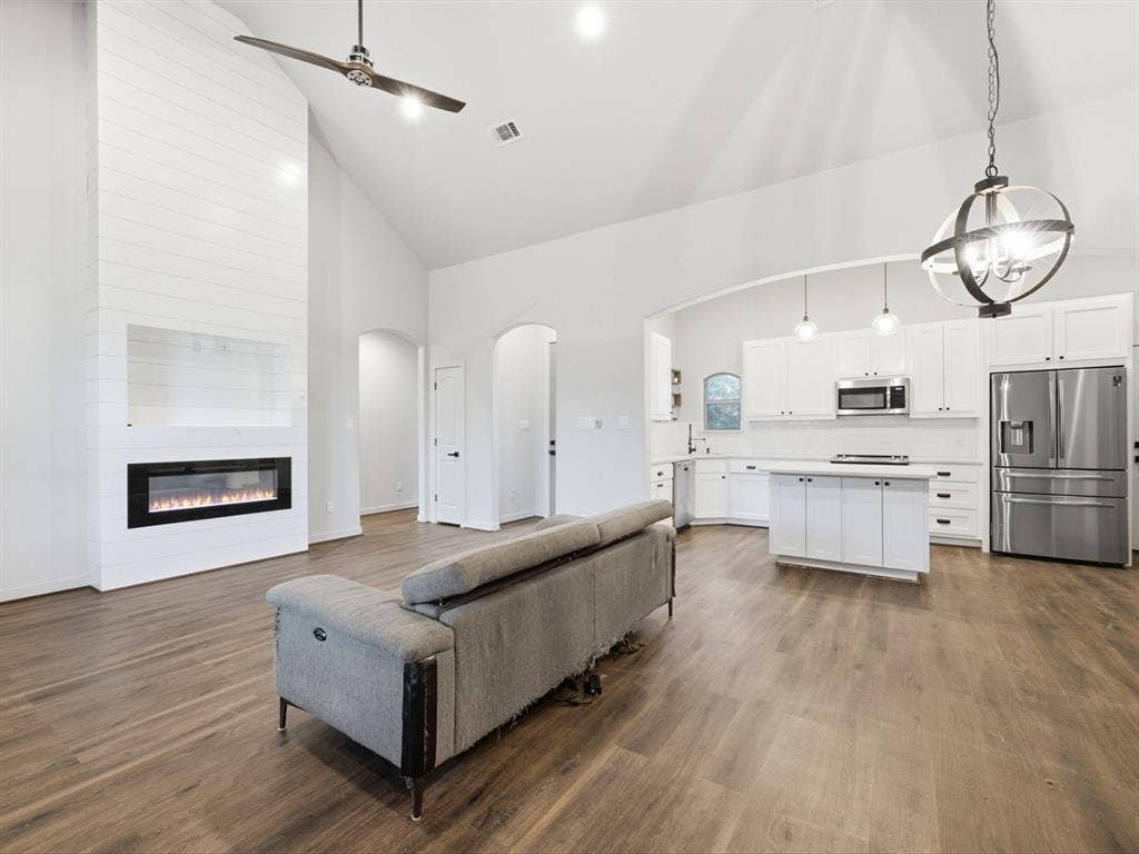 The fireplace is the show stopper of this floorplan