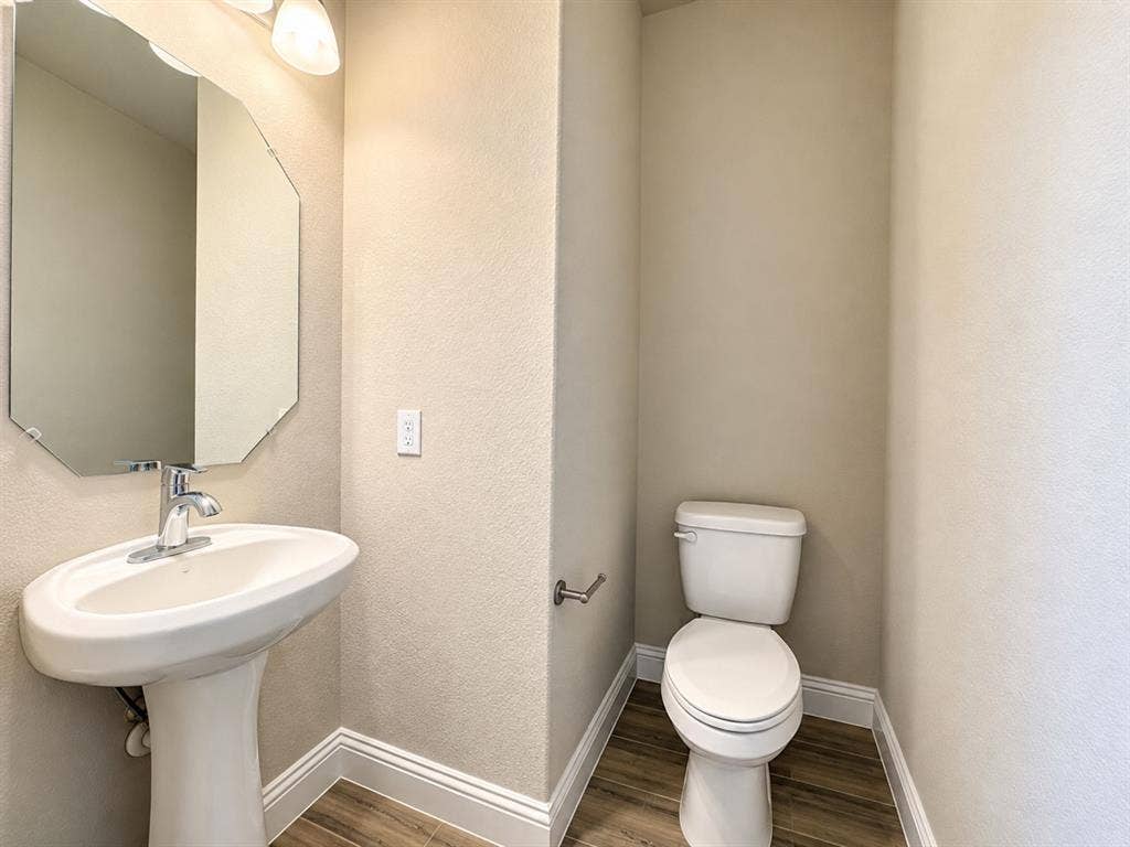 Pedestal sink with chrome faucet, octagonal wall mirror, and wood-finish flooring