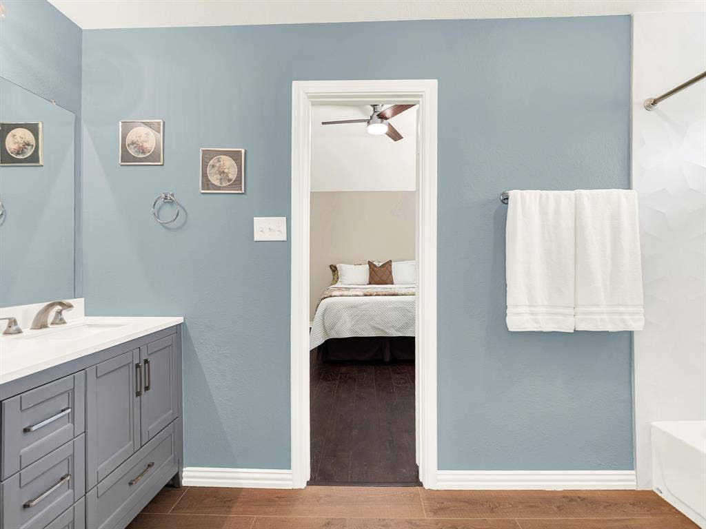 Double sinks and a spacious area makes this jack-and-jill bathroom a great space.
