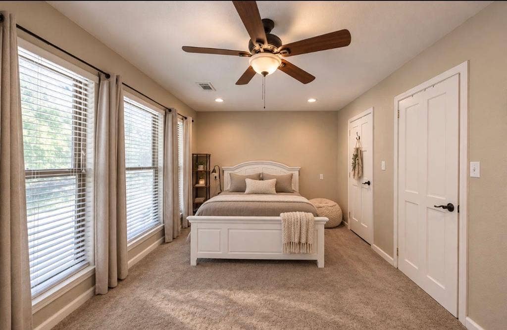 384 Fort Graham Road, Waco, TX 76705 Dual windows with blinds, recessed lighting, ceiling fan with light fixture, and two panel interior doors