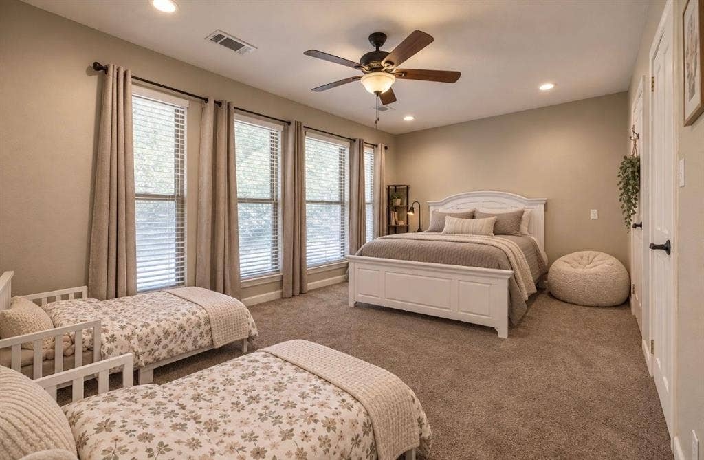 384 Fort Graham Road, Waco, TX 76705 Recessed lighting, ceiling fan, multiple windows with blinds, and carpet flooring
