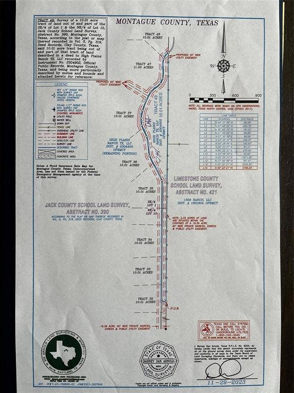 Land Survey Plat. Illustrating the property boundaries, tracts, and relevant easements within Montague and Jack Counties, Texas