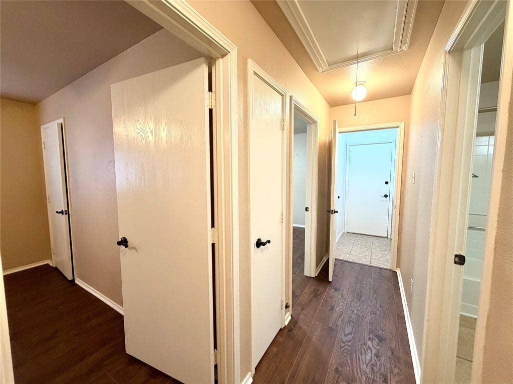 9016 Warren Drive, McKinney, TX 75071 Hallway featuring wood-finish flooring, white paneled doors with matte black hardware, and an overhead pendant light fixture