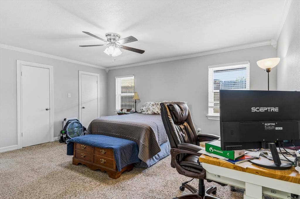 Neutral-toned walls complement plush carpeting