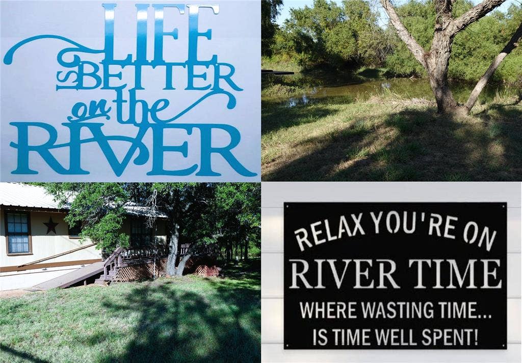 Collage of Property Features. Displaying a river, a residential structure, and decorative signage