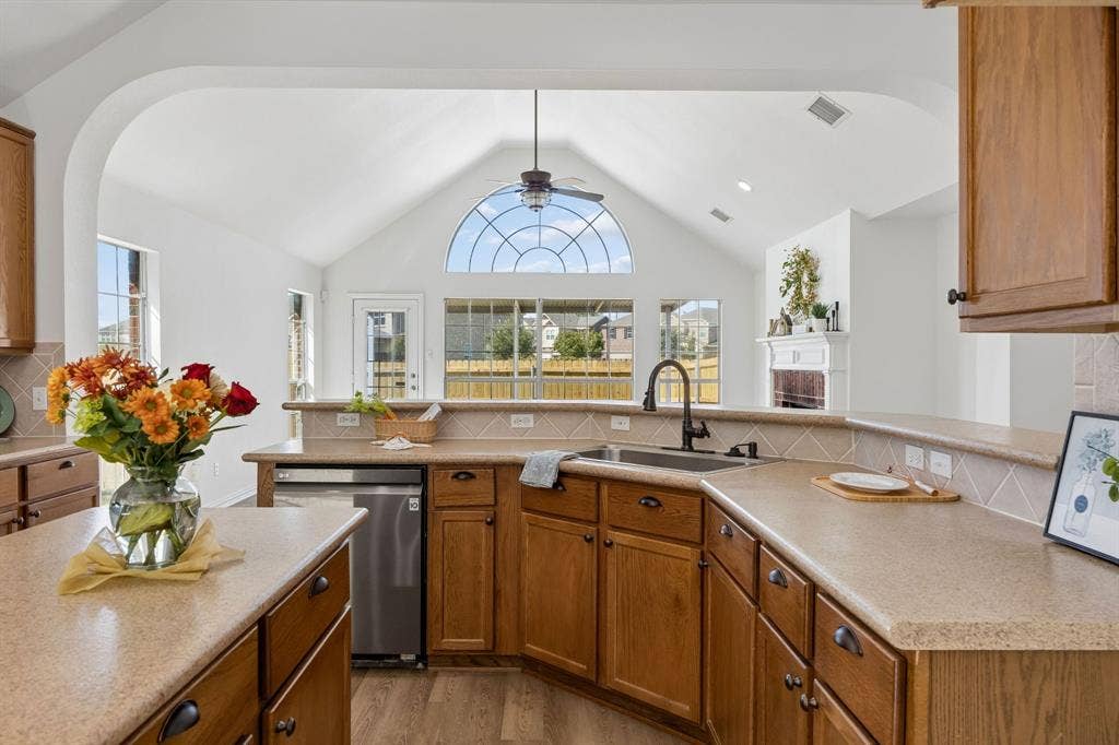 The view from the kitchen through the living area - the  beautiful architectural touches make this home an exceptional find!