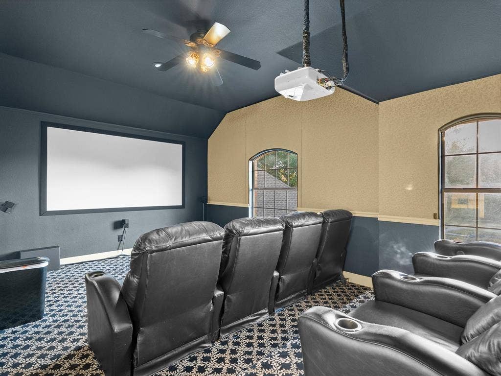 3303 Felicia Court, McKinney, TX 75070 Media room featuring a fixed projector screen, ceiling-mounted projector, multi-toned wall finish, patterned carpeting, and arched windows