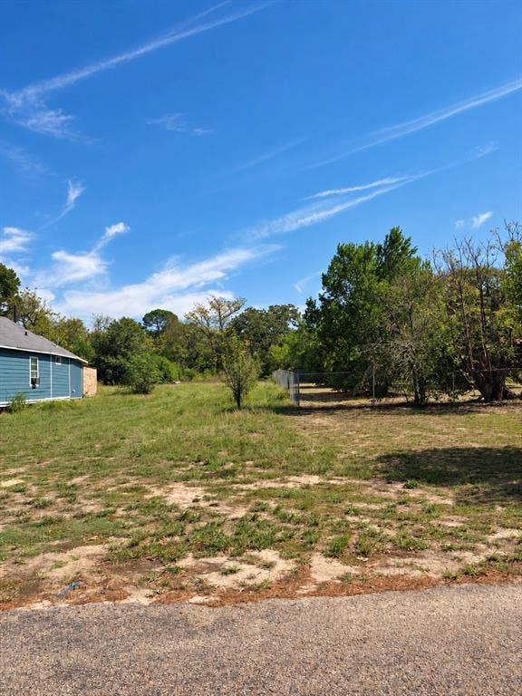 Expansive undeveloped lot featuring mature trees and a clear blue sky
