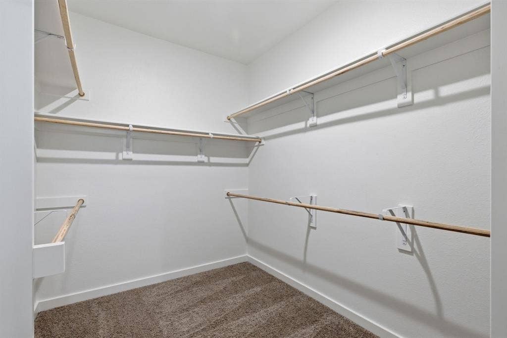 637 Sierra Ridge, Lavon, TX 75166 Walk-in closet featuring white walls, wood-finish shelving and hanging rods, and carpet flooring