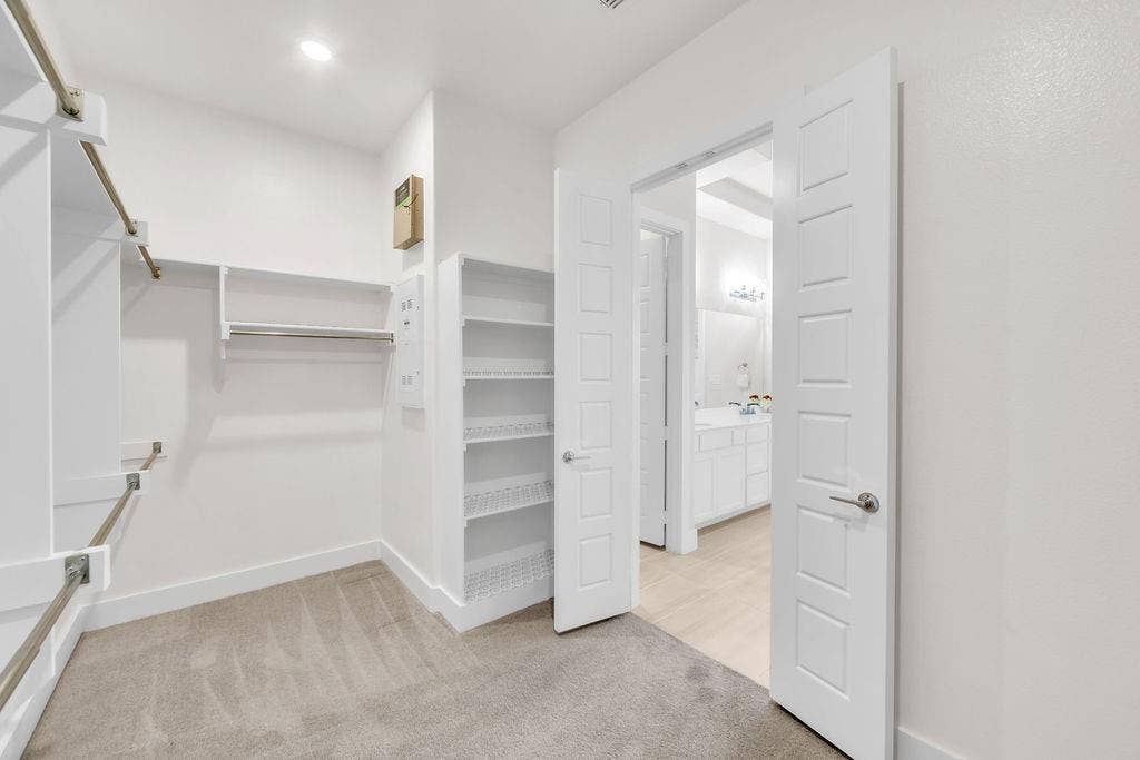 2971 Gaulding Drive, Prosper, TX 75078 Walk-in closet featuring carpet flooring, built-in shelving, and rod storage