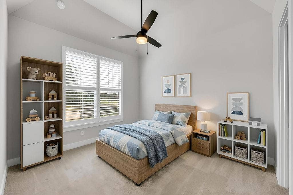 2971 Gaulding Drive, Prosper, TX 75078 Vaulted ceiling, ceiling fan with light fixture, window with blinds, light-toned carpeting, and neutral wall paint