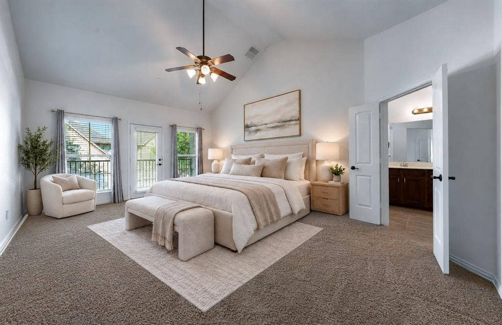 8617 Trolley Trail, McKinney, TX 75070 Virtually staged Primary Suite alternate decor with Balcony Access.