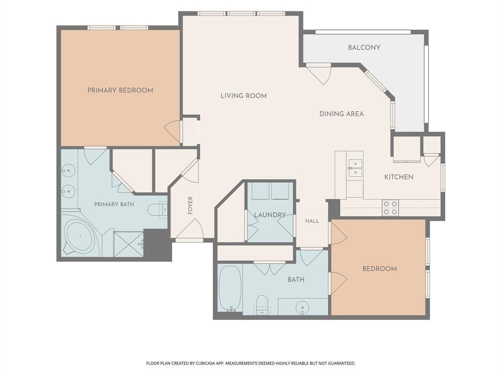 Explore the layout! This 2-bedroom, 2-bath condo features an open living and dining area, private balcony, dedicated laundry room, and split-bedroom design for added privacy.Floor plan and measurements are approximate and should be independently verified.