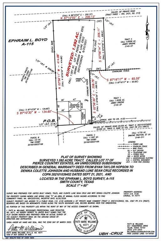 19731 County Road 4130, Lindale, TX 75771 Plat of Survey. Depicting the surveyed boundaries, dimensions, and spatial configuration of the property with notations regarding easements, encroachments, and recorded lot designations