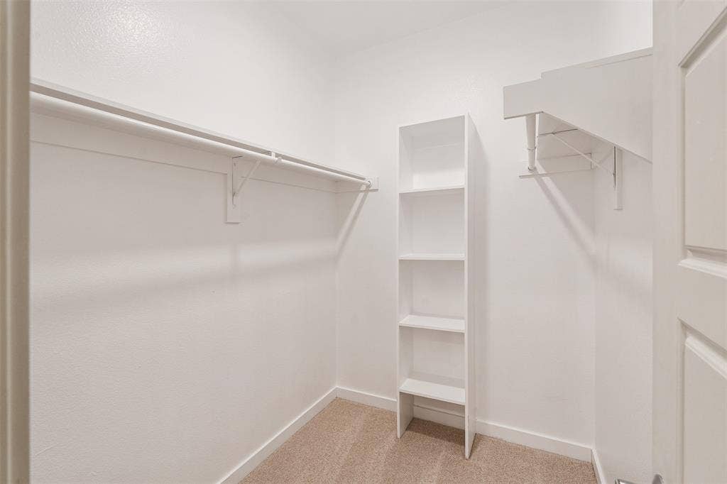 Walk-in closet featuring carpet flooring, built-in shelving, and multiple hanging rods