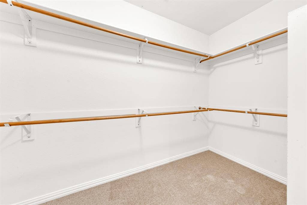 Corner walk-in closet with carpet flooring, white walls, and wood-finish hanging rods