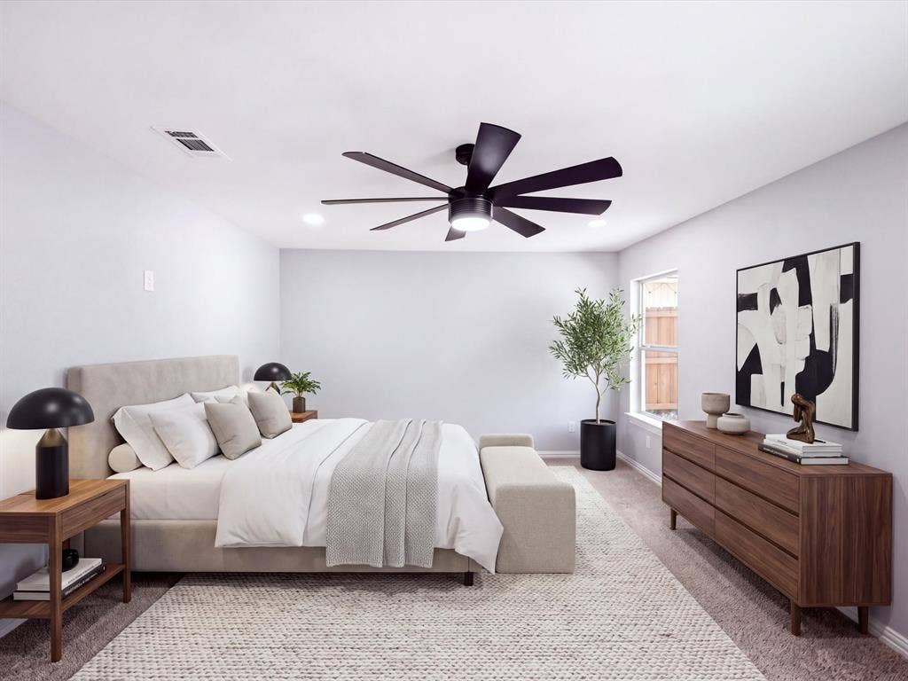1727 Mentor Avenue, Dallas, TX 75216 Spacious room featuring a ceiling fan with integrated lighting, recessed lighting, a large window, and carpeted flooring