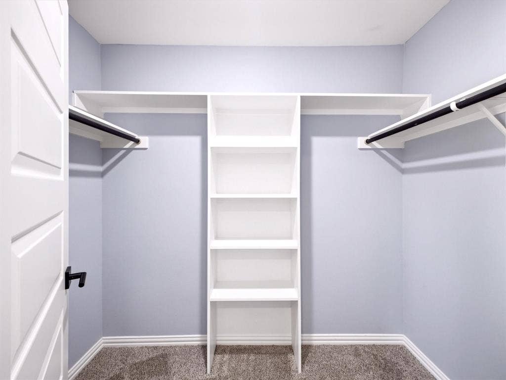 1727 Mentor Avenue, Dallas, TX 75216 Built-in shelving unit, dual clothing rods, wood-finish door, and carpeted flooring