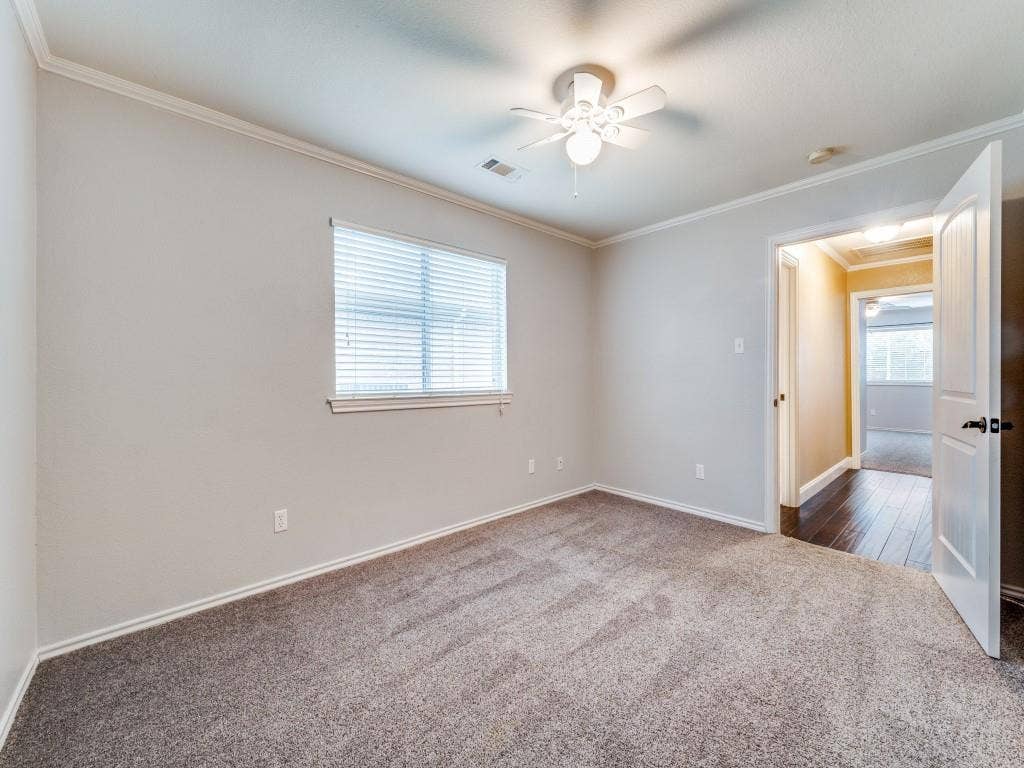 5604 Parkplace Drive, Denton, TX 76226 Neutral wall finishes, crown molding, ceiling fan, carpet flooring, and a large window with blinds