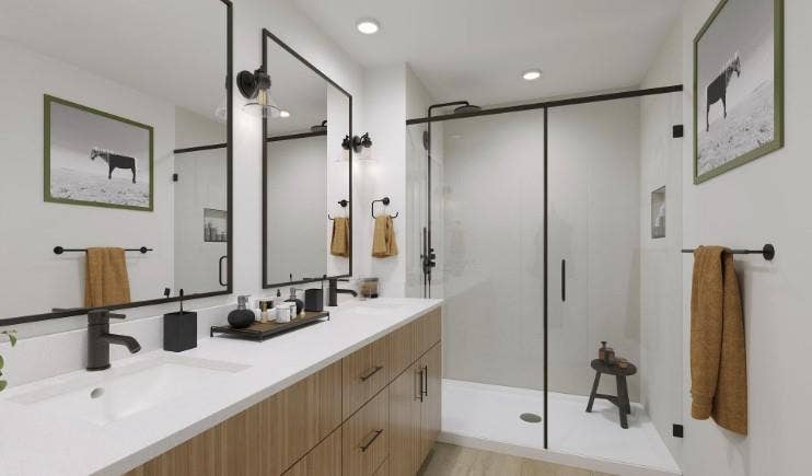 9801 Plainfield Drive, #WW9807, Fort Worth, TX 76108 Bathroom featuring a shower stall, double vanity, and recessed lighting