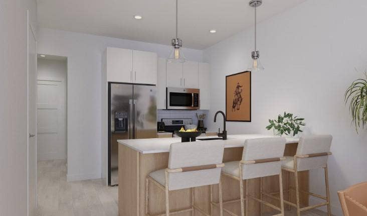 9801 Plainfield Drive, #WW9807, Fort Worth, TX 76108 Kitchen featuring stainless steel appliances, a peninsula, hanging light fixtures, white cabinets, and a breakfast bar area