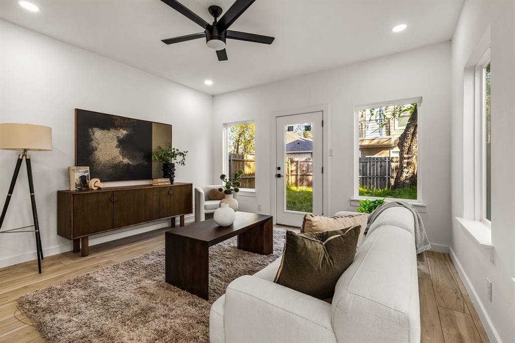 2232 Hooper Street, Dallas, TX 75215 Recessed lighting, wood-finish flooring, ceiling fan, multiple windows, and a glass-paneled door