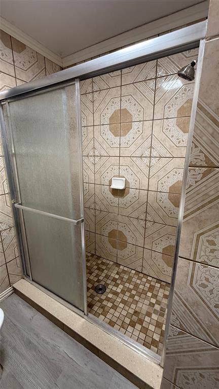 605 Biggs Terrace, Arlington, TX 76010 Shower enclosure with patterned wall tile and mosaic floor tile