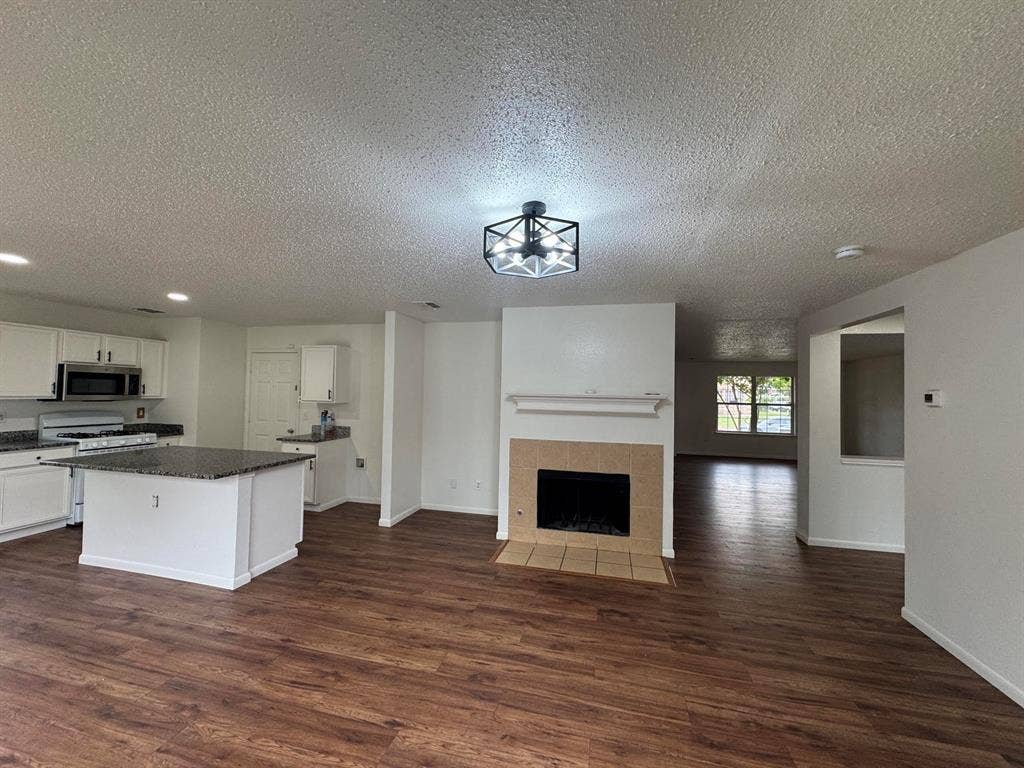Open-concept main living space featuring wood-finish flooring, a kitchen island with granite-style countertop, white cabinetry with stainless steel appliances, and a tiled fireplace