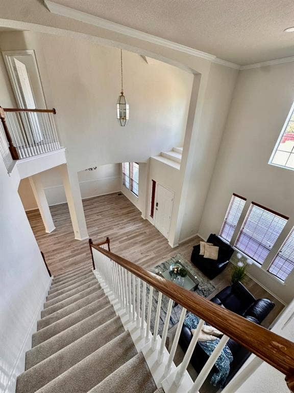 Two-story foyer featuring high ceilings, wood-finish flooring, a hanging pendant light, and a staircase with a wooden handrail and white balusters