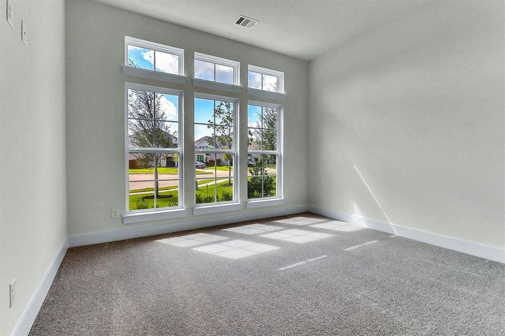 115 Cottonwood Court, Murphy, TX 75094 Expansive multi-pane windows with white trim, light-colored walls, and textured carpeting