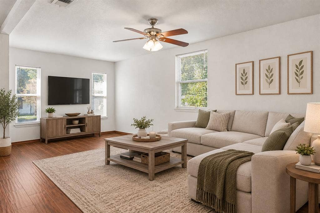 2527 Talco Drive, Dallas, TX 75241 Living Room Side with Ceiling Fan - Virtually staged