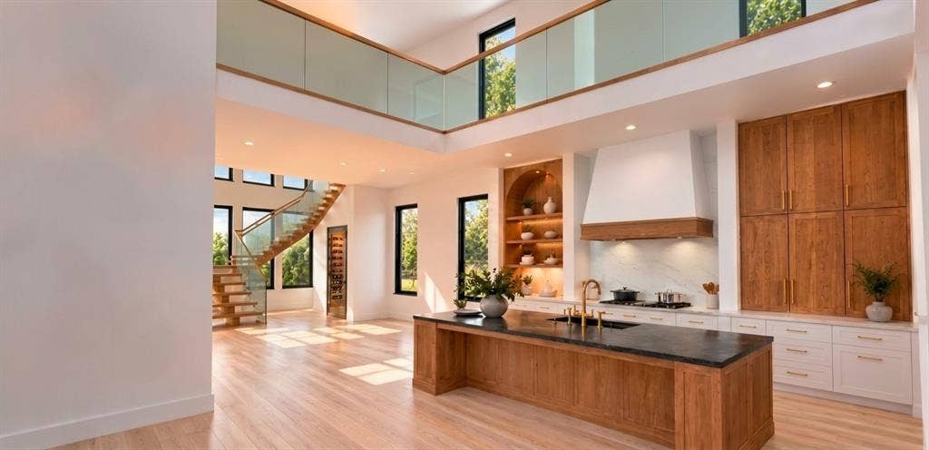 9011 Daytonia Avenue, Dallas, TX 75218 The heart of Silver Lining pairs soaring ceilings, with a statement kitchen, custom cabinetry, and a generous island. A Floating staircase and glass railing create a dramatic backdrop. While the wine grotto offers a special place for your favorite vintage.