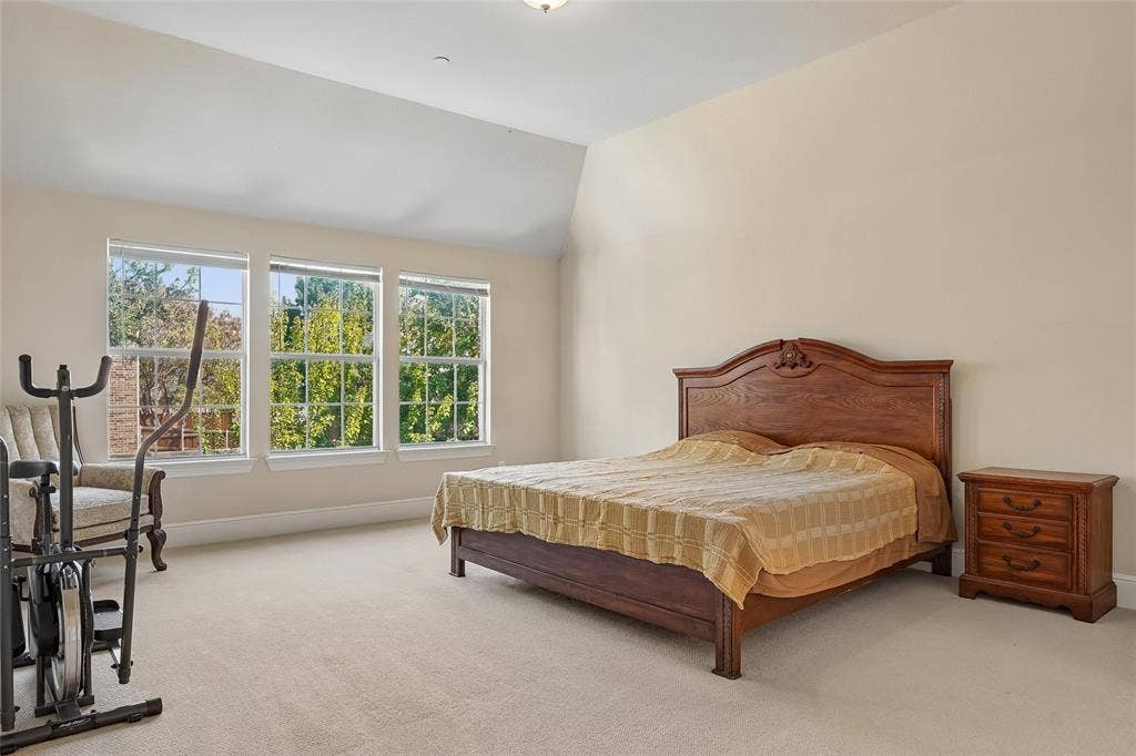 Triple window configuration, vaulted ceiling, and neutral carpeting