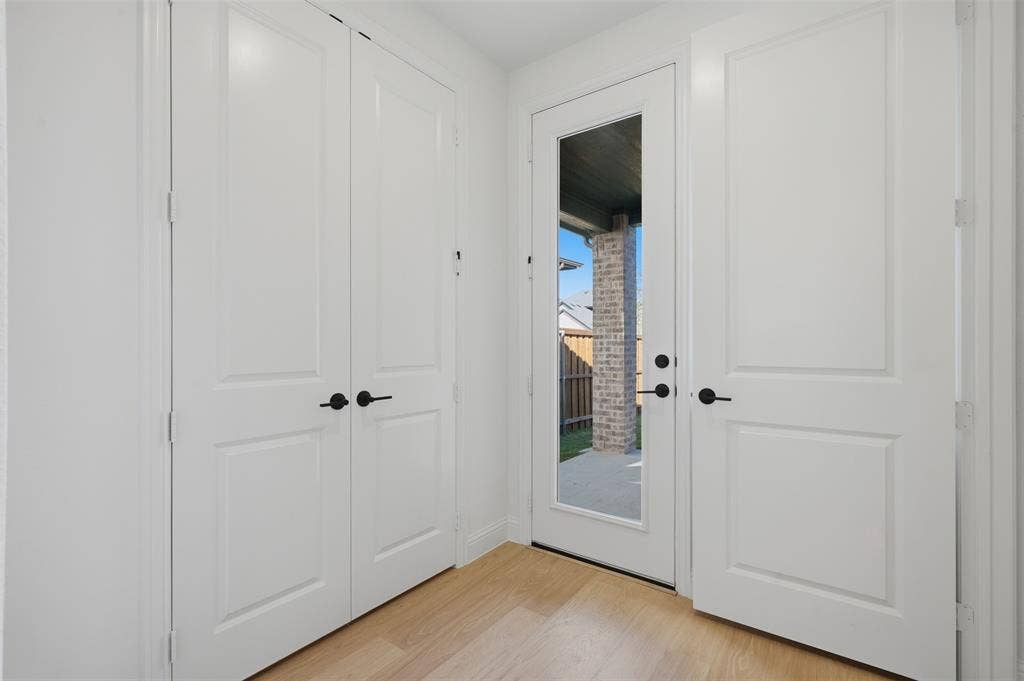 Light wood-finish flooring, white paneled doors, and a glass-paneled exterior door