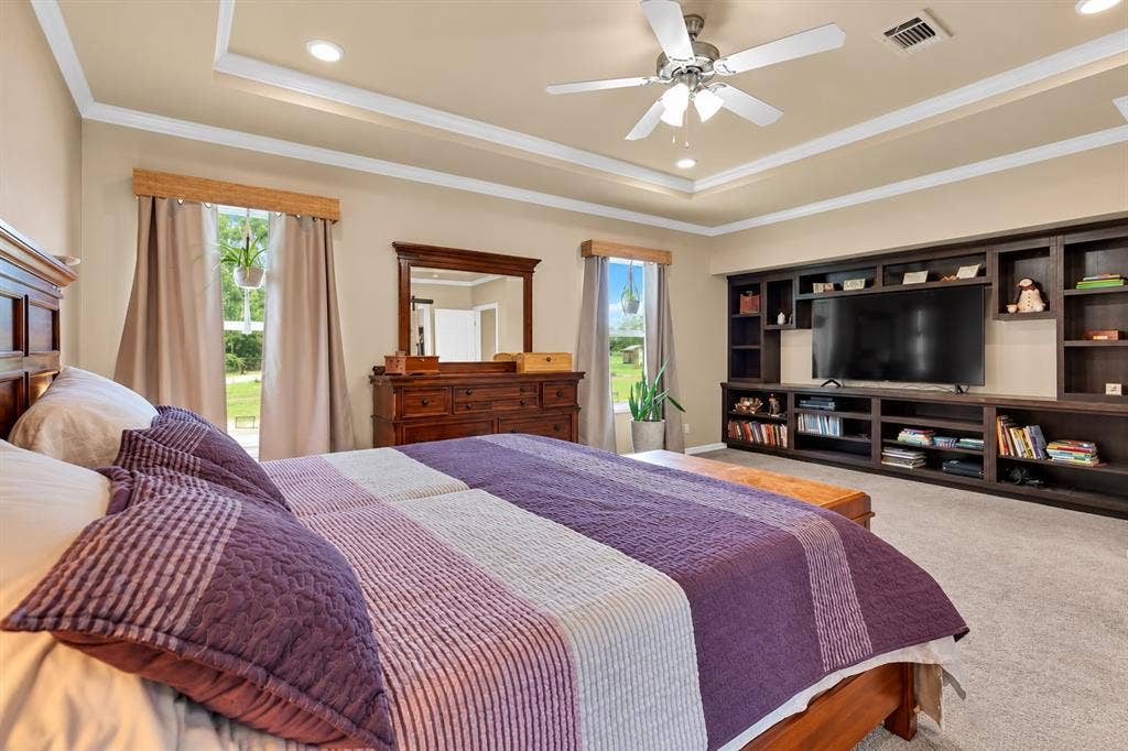 213 River Front Drive, Cedar Creek, TX 78612 Tray ceiling with recessed lighting and crown molding