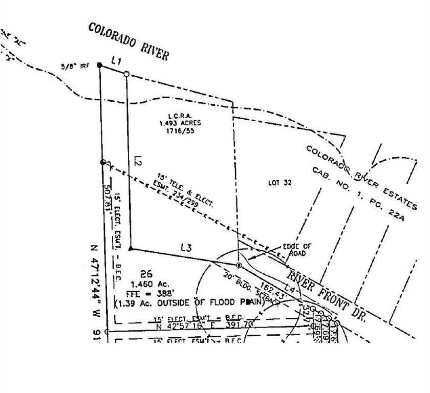 213 River Front Drive, Cedar Creek, TX 78612 Survey Plat. Illustrating the property's boundaries, easements, and proximity to the Colorado River and River Front Drive